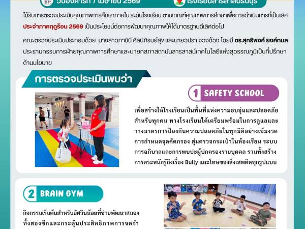 วันจันทร์ที่ 15 มิถุนายน 2569  - กองอำนวยการออกตรวจประเมินคุณภาพการศึกษาภายในโรงเรียนในเครือสารสาสน์ ประจำปีการศึกษา 2569